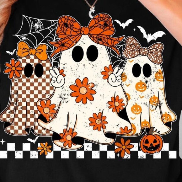 Retro Fall Ghost Halloween Tee, Girly Ghost Lacey Ghost Tee - Picture 2 of 3